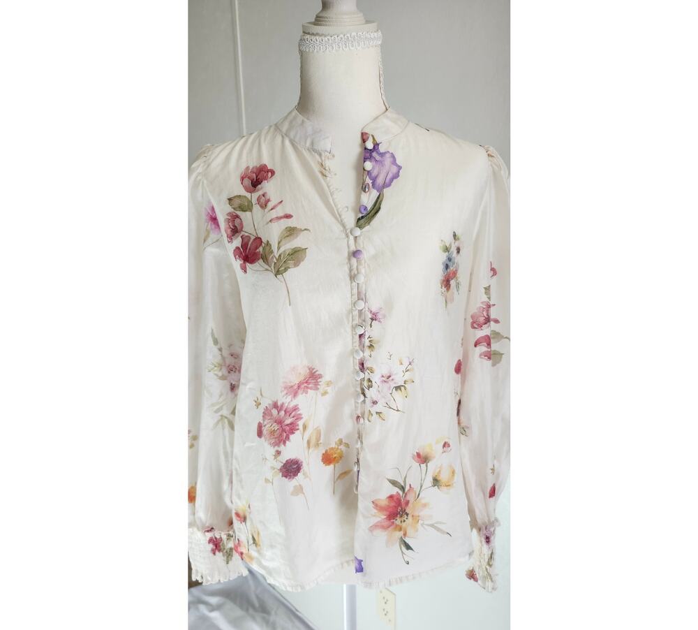Bailey 44 Sheer Floral Blouse Women's Small Lyocell Button Front Puff Sleeve